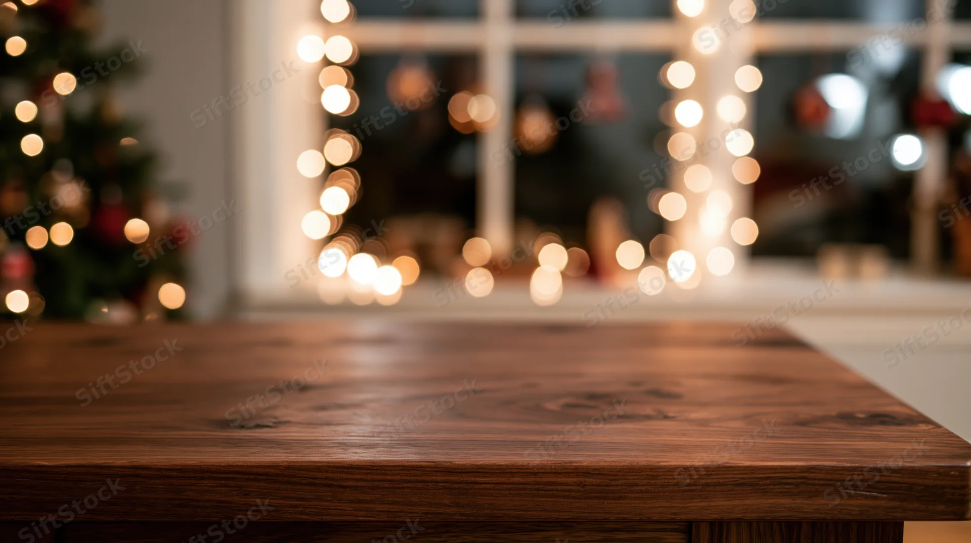 Wooden table surface in front of blurred christmas lights and decorated window interior