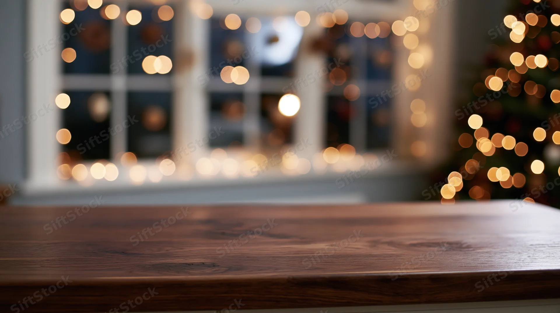 Wooden table surface in front of blurred christmas lights and decorated window interior