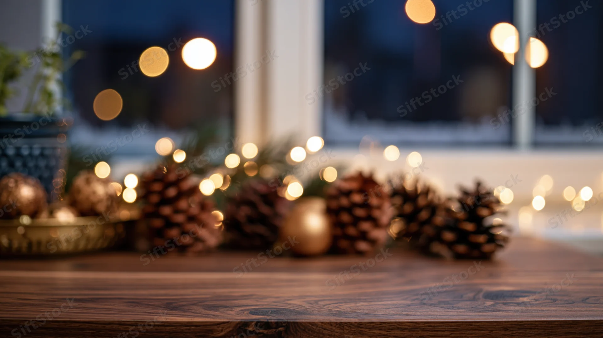 Pinecones and golden ornaments arranged on a wooden table near a window with blurred holiday lights in the background
