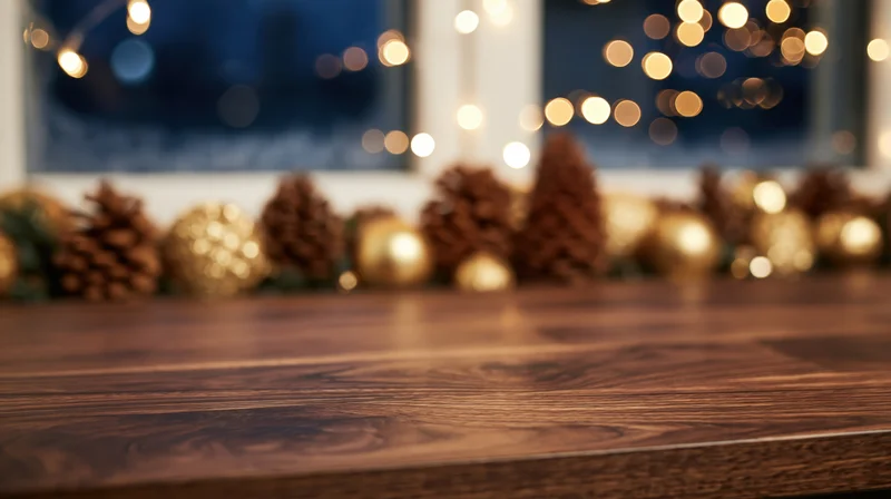 Wooden table with christmas decorations and bokeh lights in background