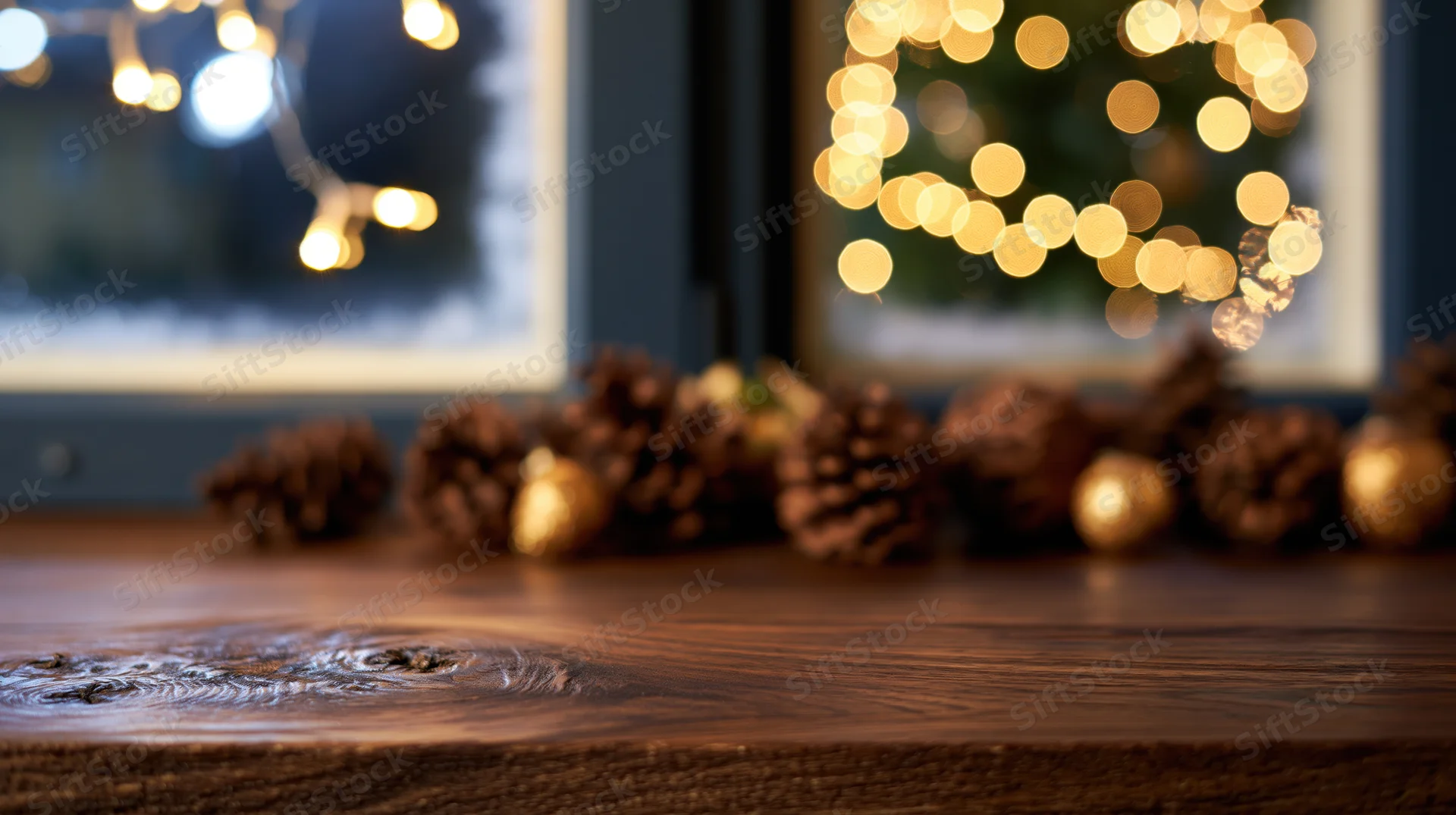 Pinecones and golden lights arranged on a wooden table in front of a window with blurred holiday lights outside