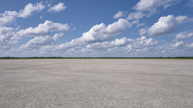 Wide view of an airport runway stretching toward the horizon under a blue sky with scattered white clouds