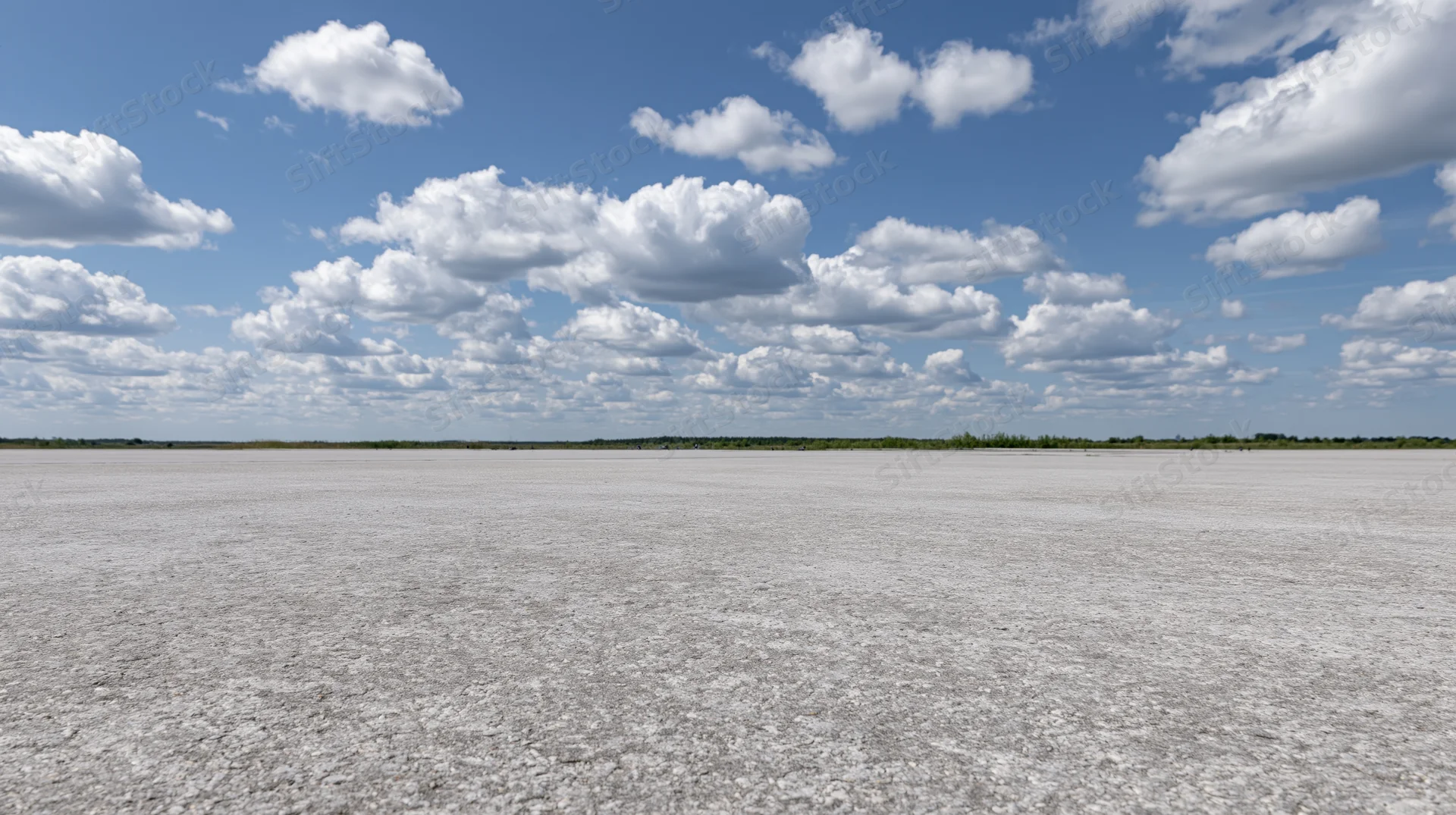 Vast saltflat under a bright blue sky with scattered white clouds stretching to the horizon