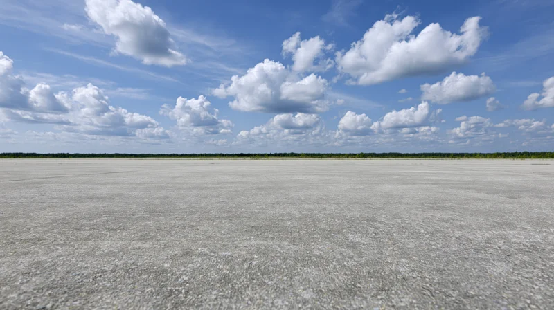 Expansive flat gravel field under bright blue sky with scattered white clouds stretching to distant tree line