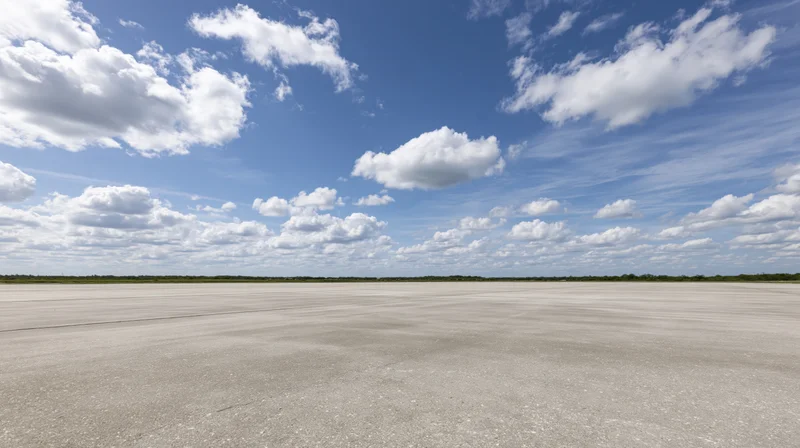 Wide view of an empty airport runway under a blue sky with scattered white clouds