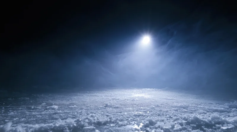 Moonlight reflecting on a frozen icy surface at night