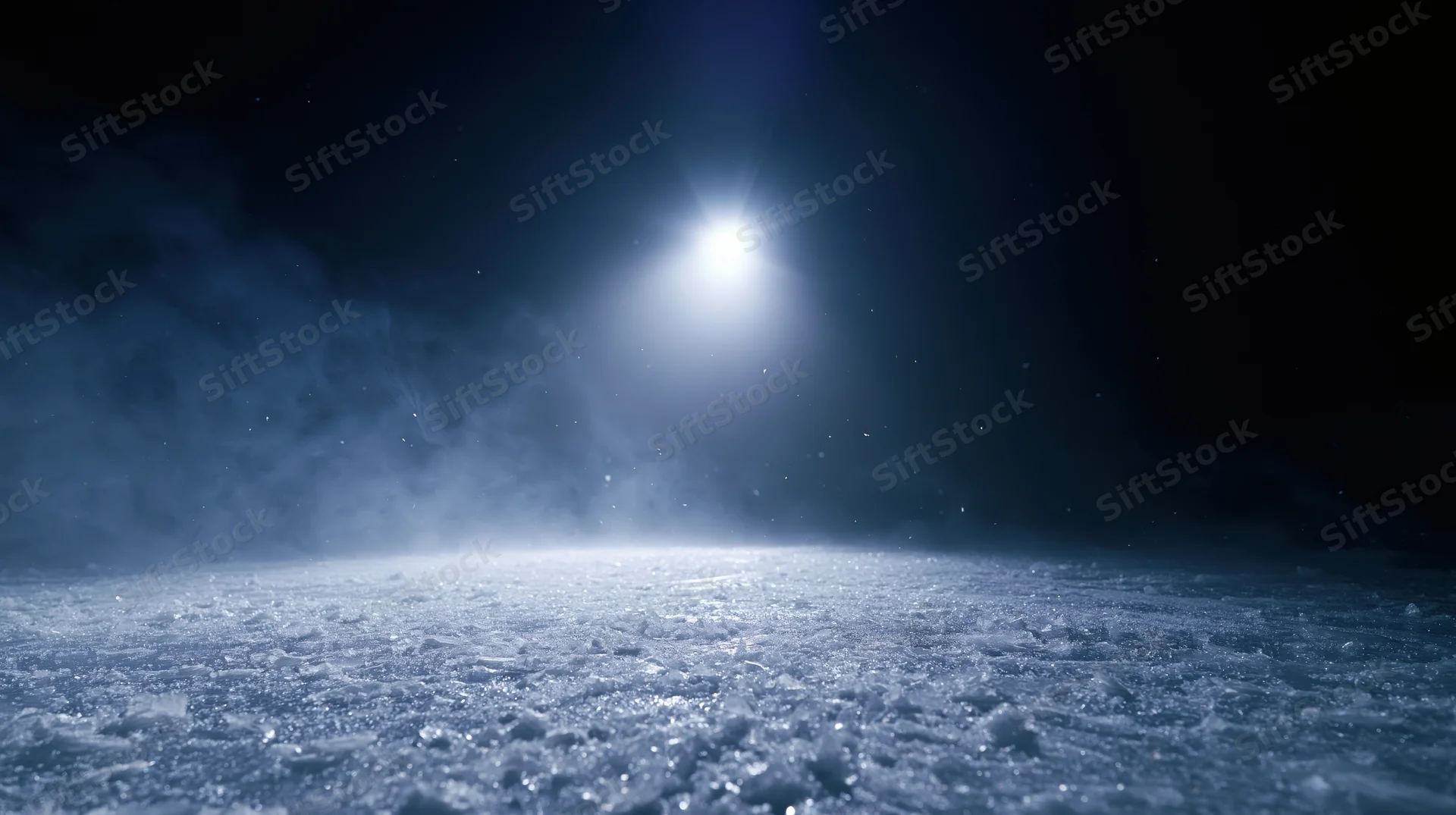 Bright moon shining over a snowy frozen landscape at night