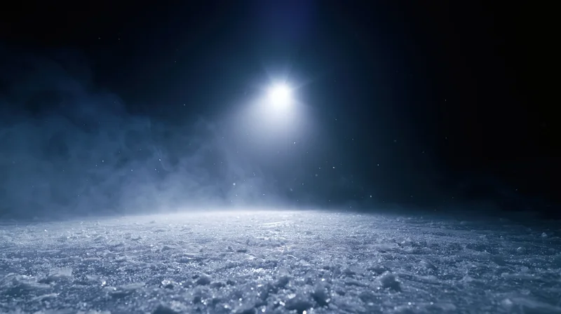 Bright moon shining over a snowy frozen landscape at night