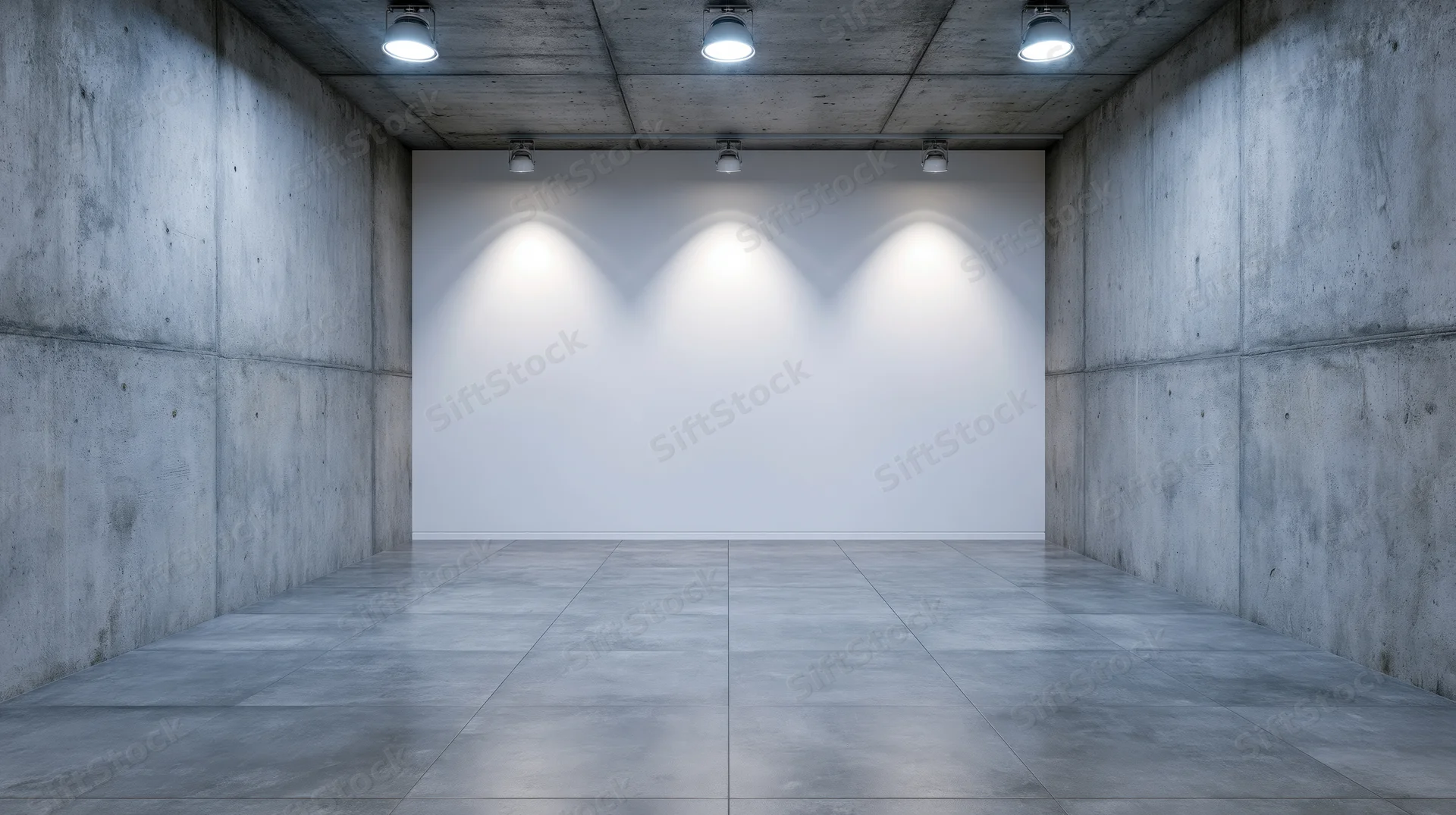 Empty gallery space with white wall and spotlights on concrete interior