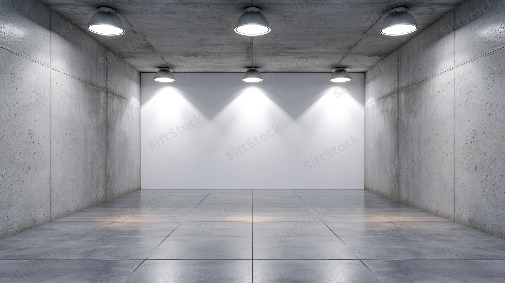 Empty gallery space with white wall and spotlights on concrete ceiling and floor