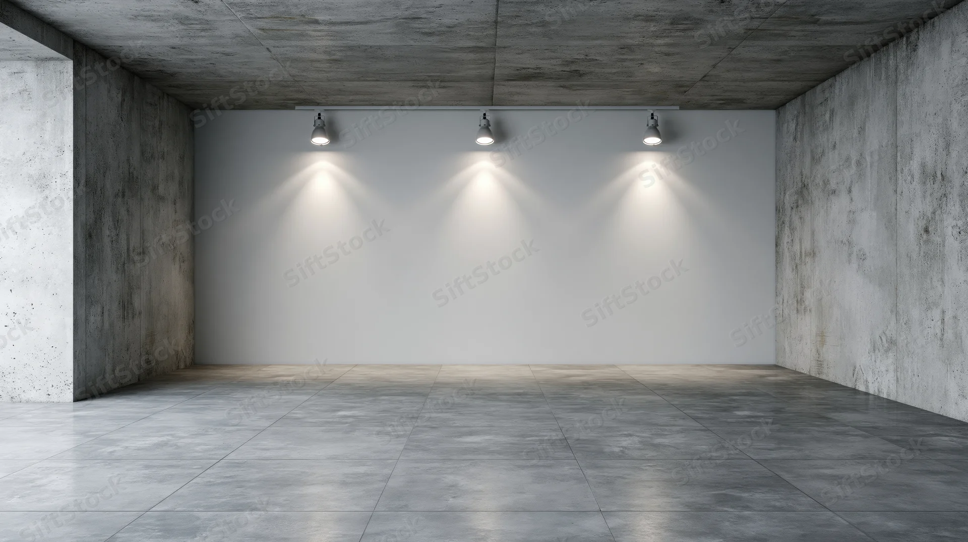 Empty gallery space with white wall and spotlights on concrete floor and ceiling