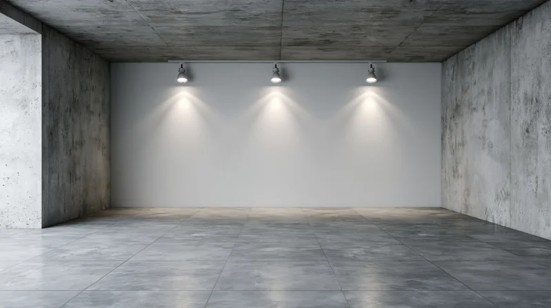 Empty gallery space with white wall and spotlights on concrete floor and ceiling