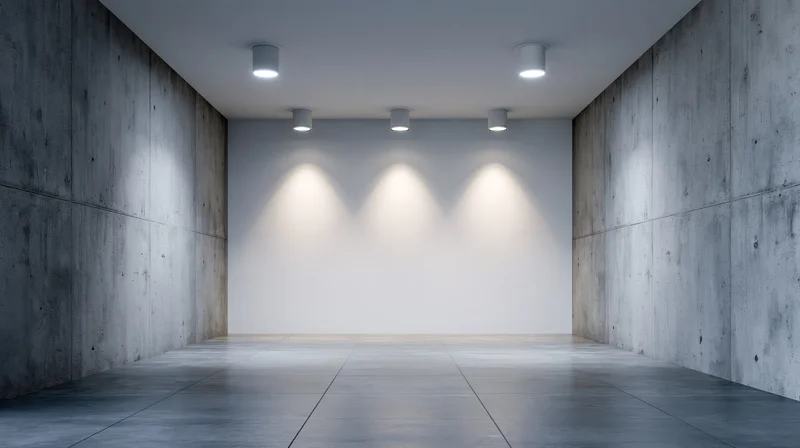 Empty gallery space with concrete walls and recessed spotlights on white back wall