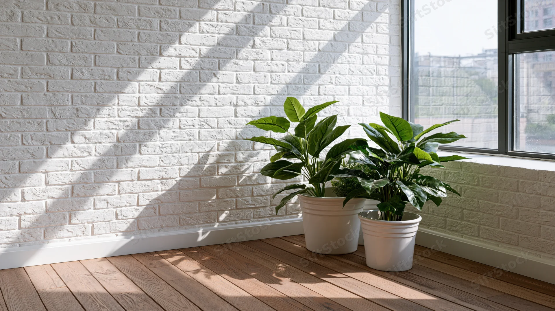 Two potted green plants in white ceramic pots placed by a window on a wooden floor against a white brick wall with sunlight casting shadows