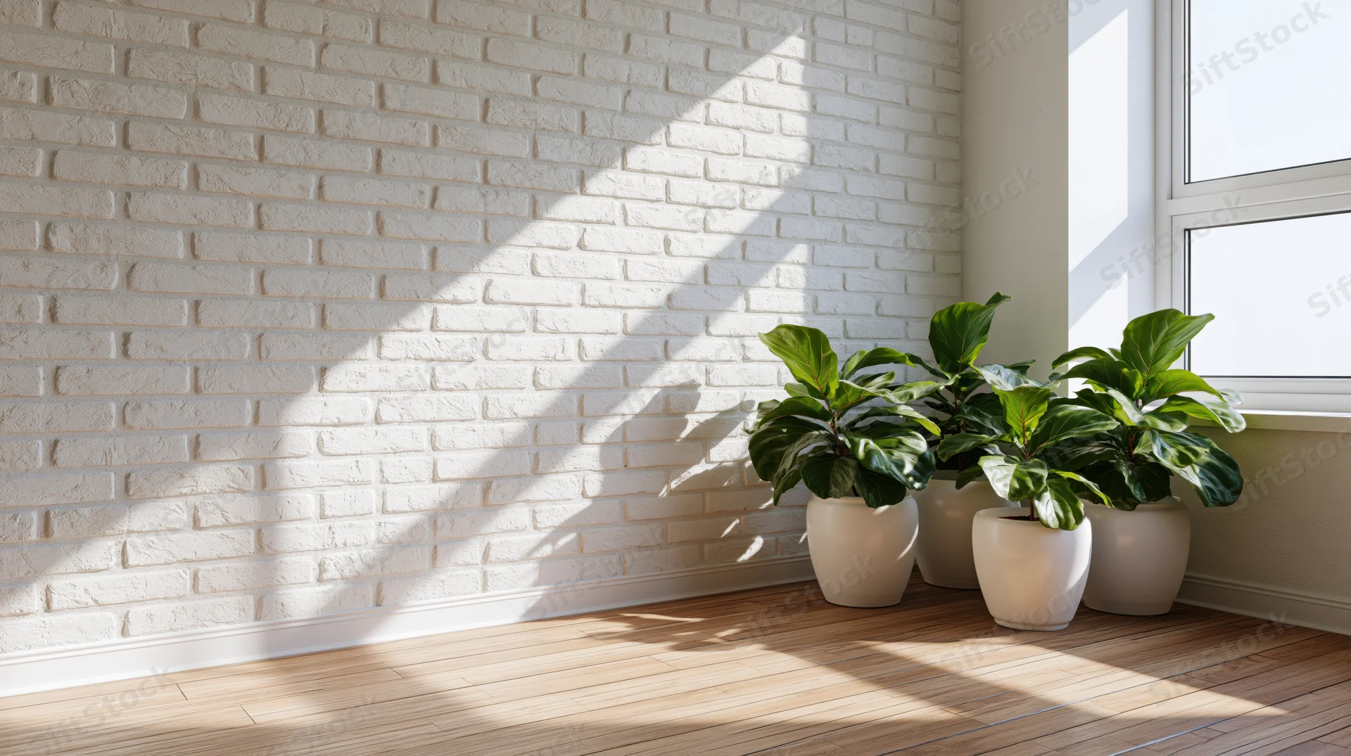 Fiddleleaffig plants in white ceramic pots arranged in a corner by a window with sunlight casting shadows on a white brick wall and wooden floor