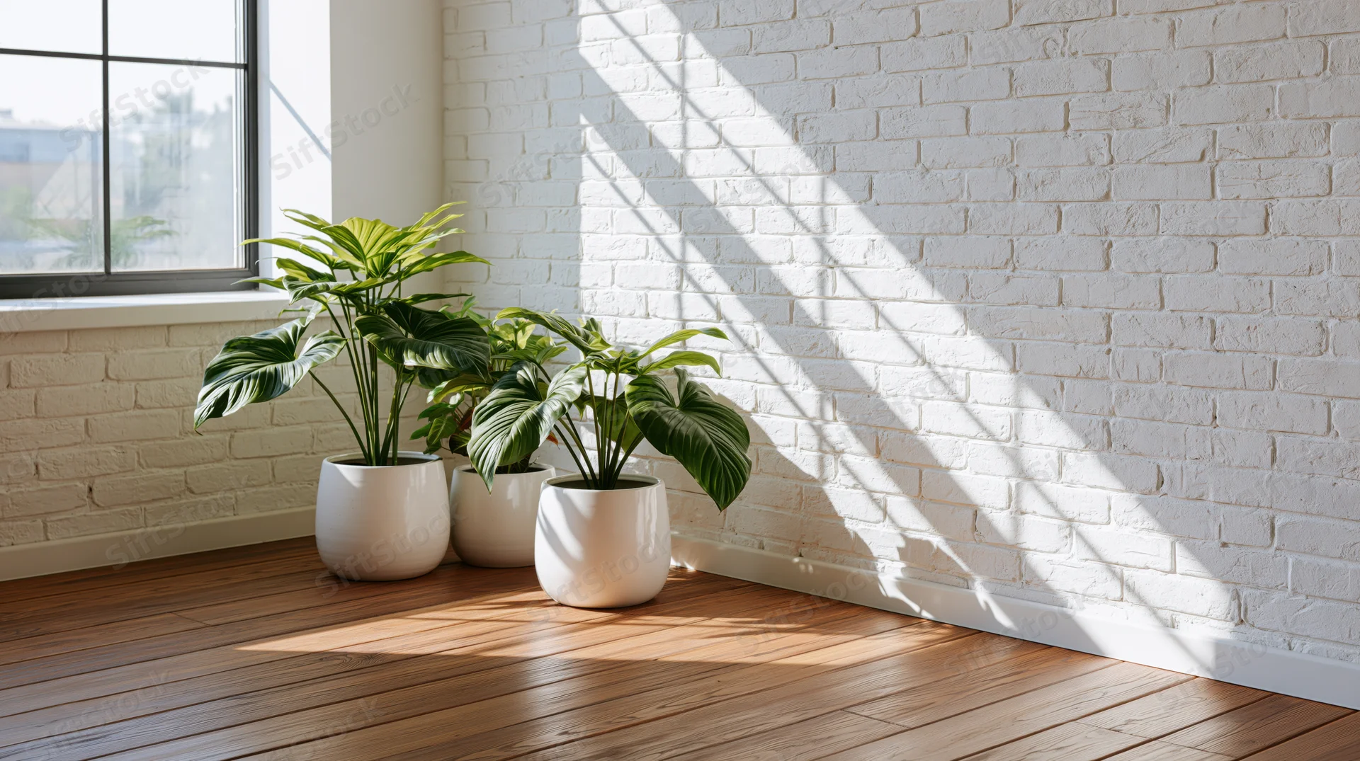 Three potted tropical plants in white ceramic pots arranged near a window in a modern room with white brick walls and hardwood flooring