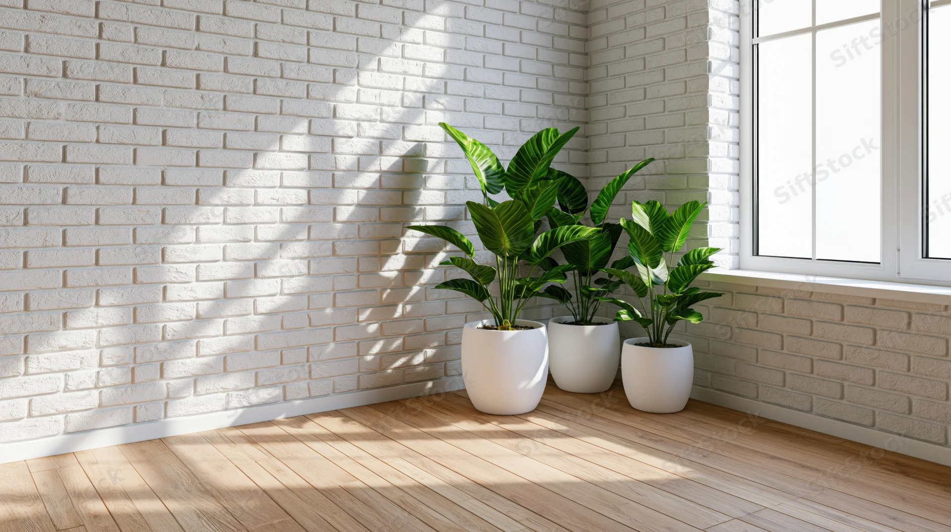 Three potted green plants in white ceramic pots arranged in a corner by a window with sunlight casting shadows on a white brick wall and wooden floor