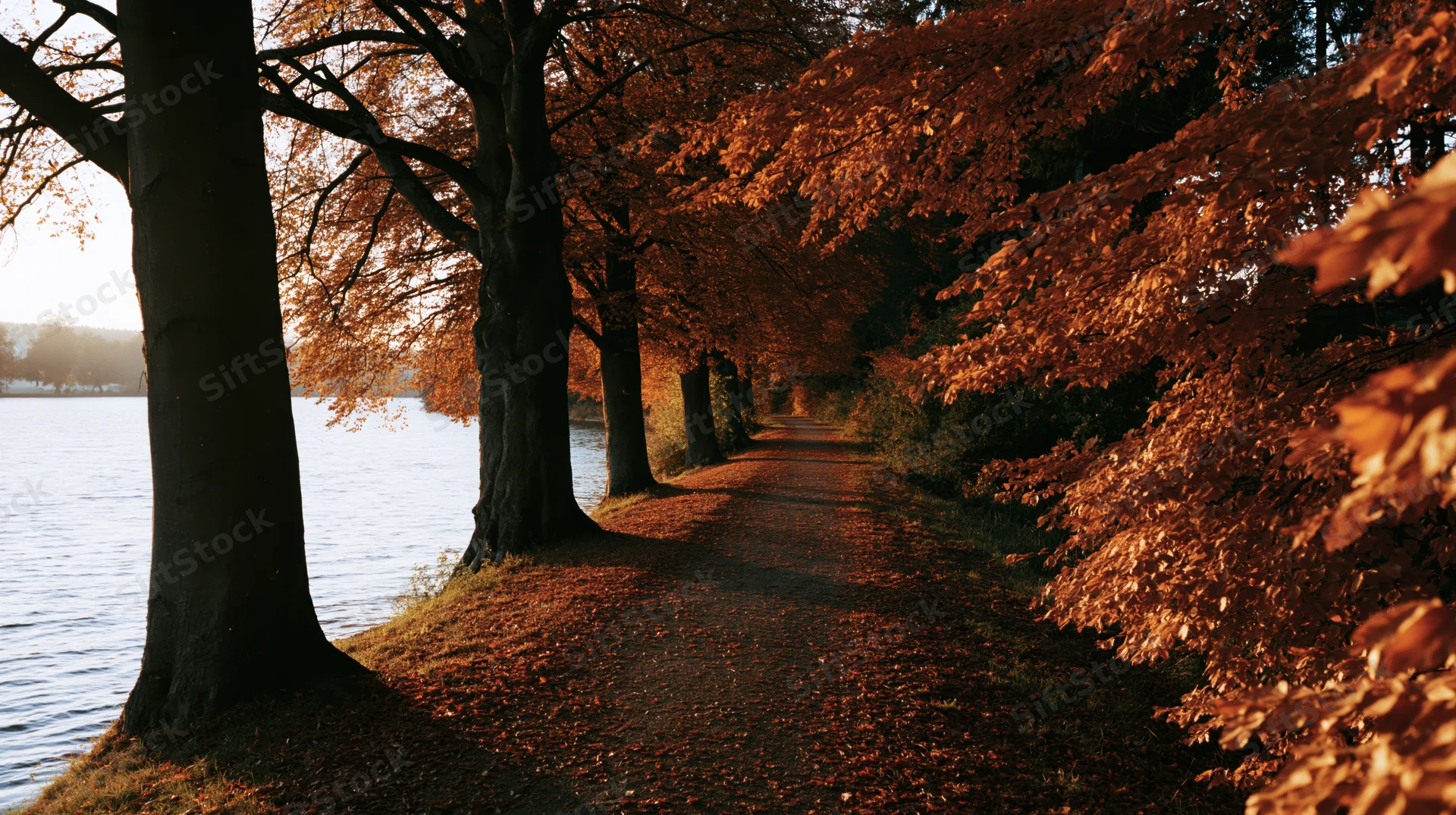 Autumn pathway lined with trees along a lake shore, covered in fallen leaves at dusk