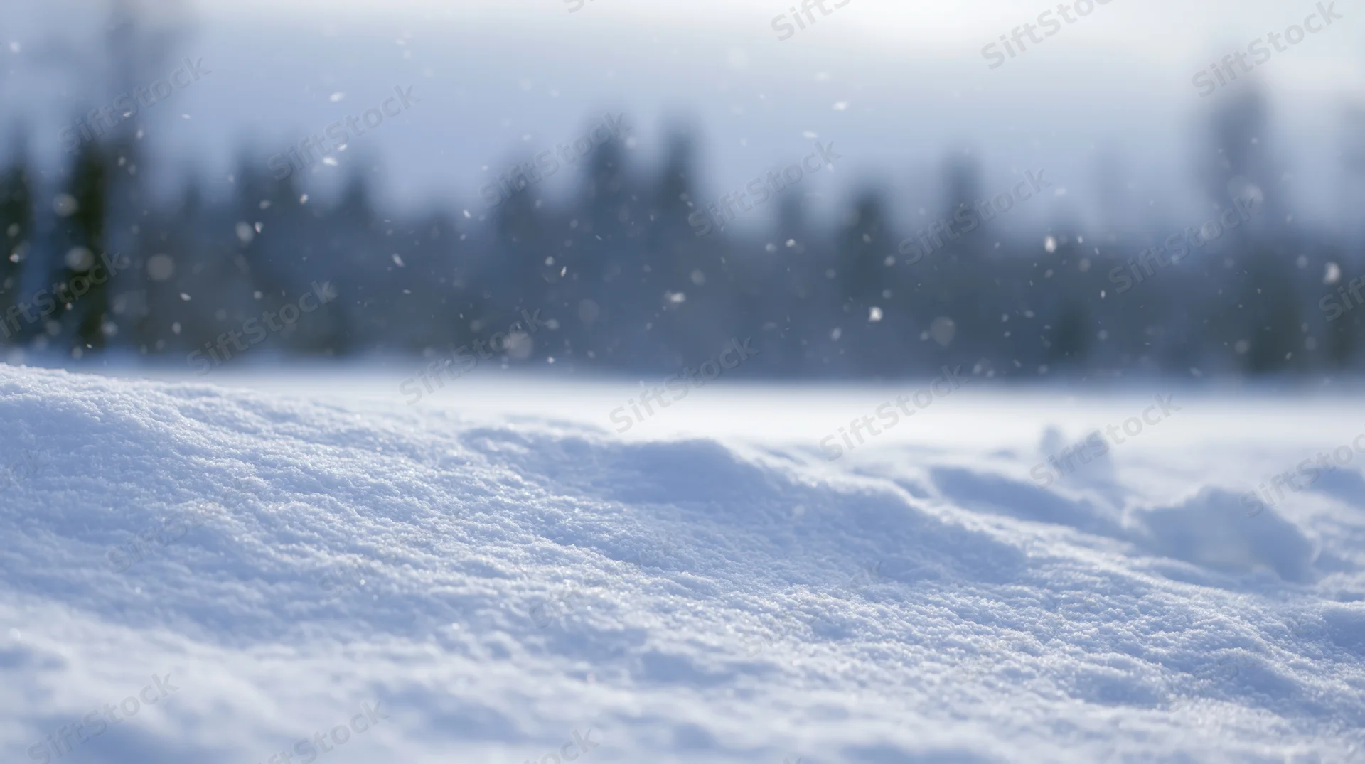 Snow-covered ground with falling snowflakes in a forested winter landscape