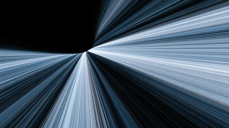 Abstract light streaks radiating from a central point in a dark space background