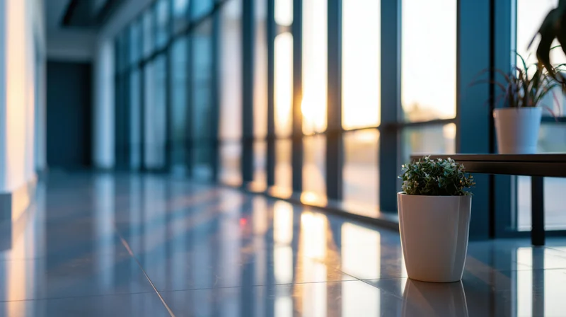 Potted succulent on reflective tile floor in modern office hallway at sunset