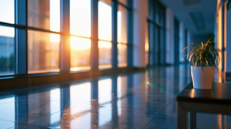 Modern office hallway with sunlight streaming through large windows reflecting on polished tile floor, potted plant on side table