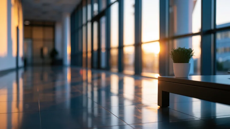 Modern office hallway with glass walls and a potted plant on a bench at sunset