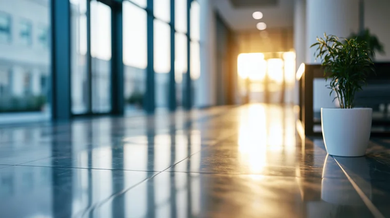 Long hallway with reflective tiled floor and potted plant near large windows in modern office interior