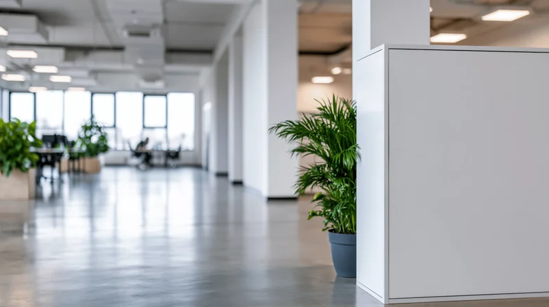 Modern open-plan office interior with white partitions and potted plants along polished concrete floor