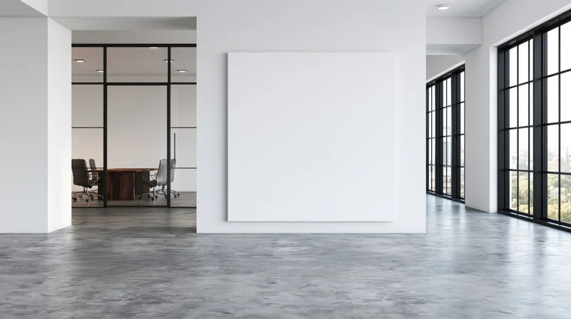 Blank white canvas on a wall in a modern office interior with glass partitions and city view through windows