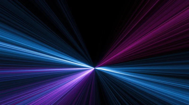 Radiant blue and purple light rays converging from center against black background