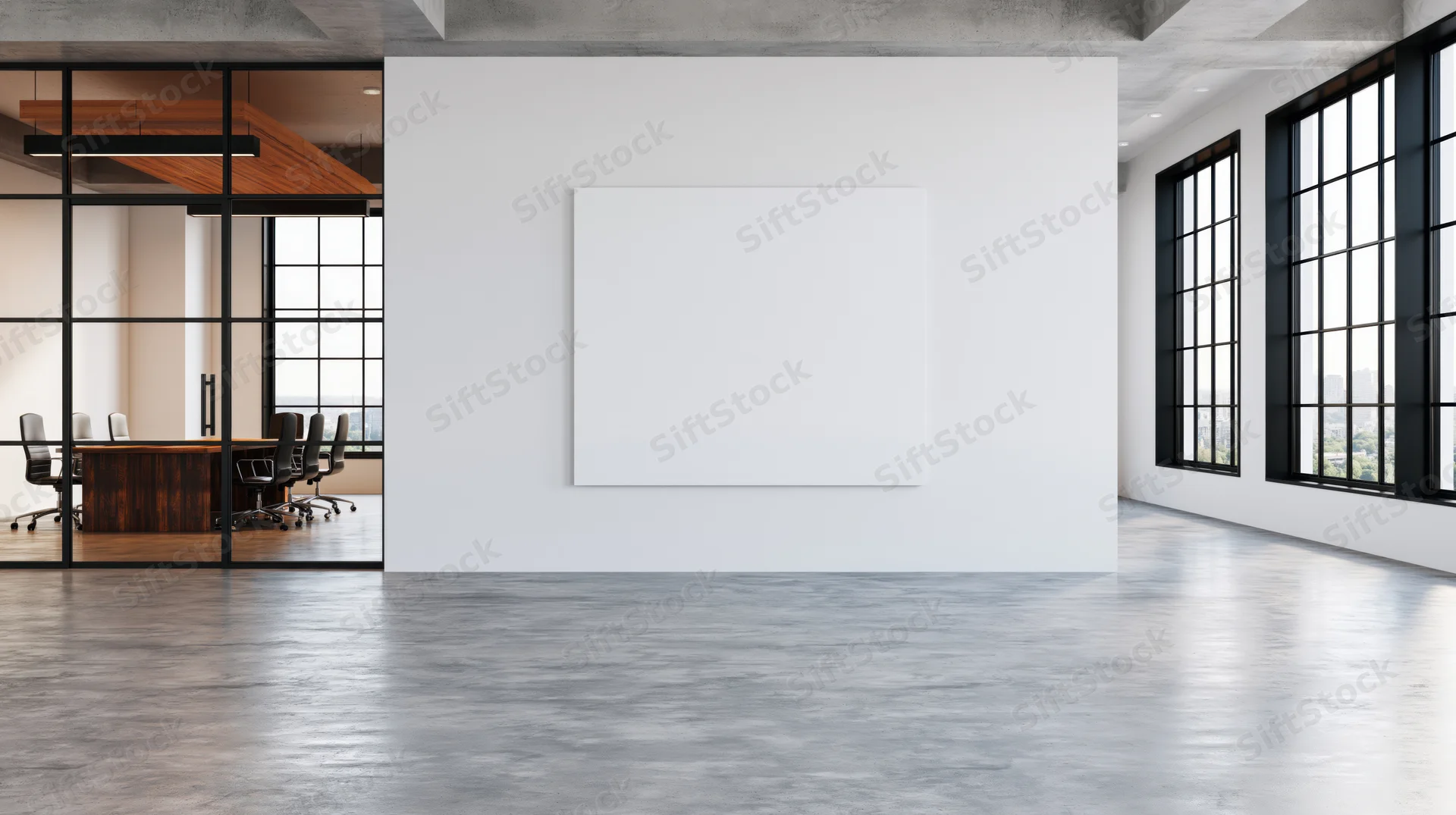 Blank white canvas on a wall in a modern office space with glass partition and conference table visible in background