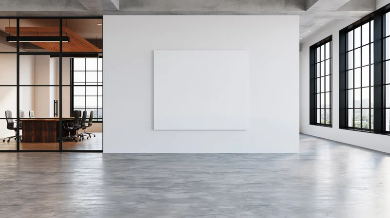 Blank white canvas on a wall in a modern office space with glass partition and conference table visible in background