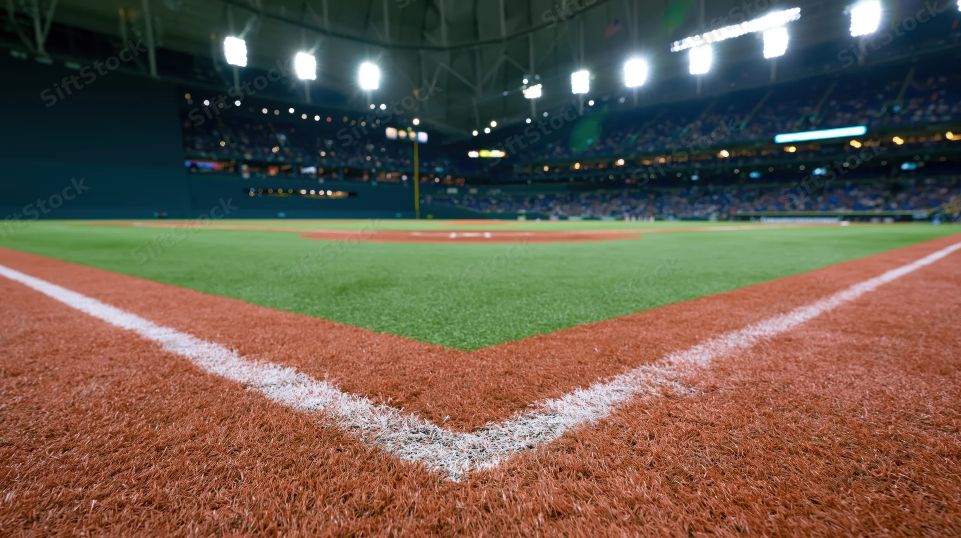 Corner of baseball field with white lines on dirt and grass under stadium lights at night