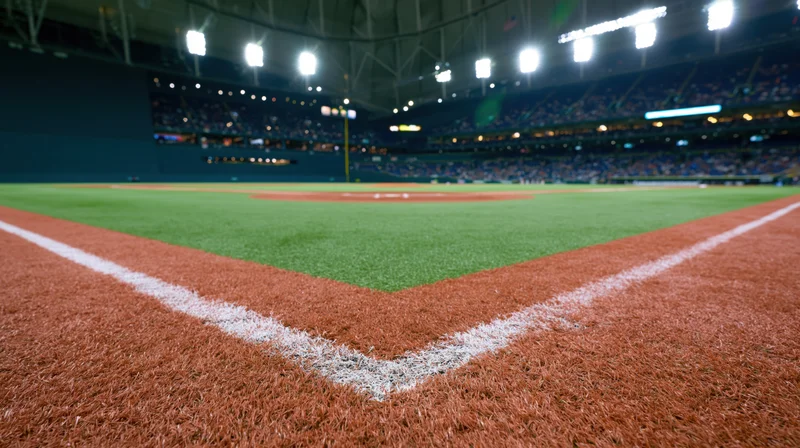 Corner of baseball field with white lines on dirt and grass under stadium lights at night
