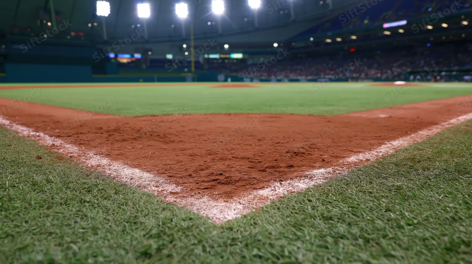 Close-up of baseball field corner with dirt and white chalk line at stadium during evening game