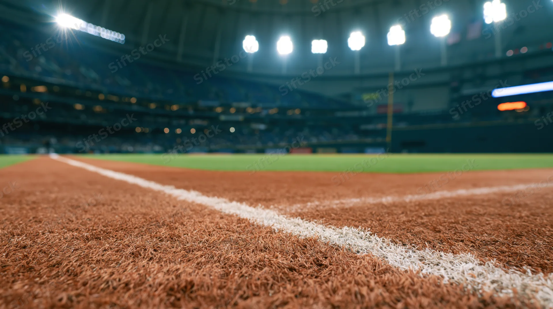 Close-up of white baseline on baseball field dirt under stadium lights at night