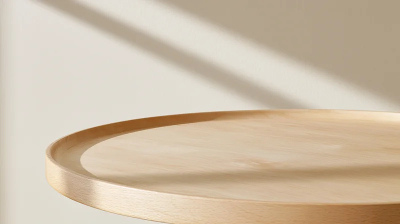 Round wooden table surface with sunlight casting shadows on beige wall in interior space