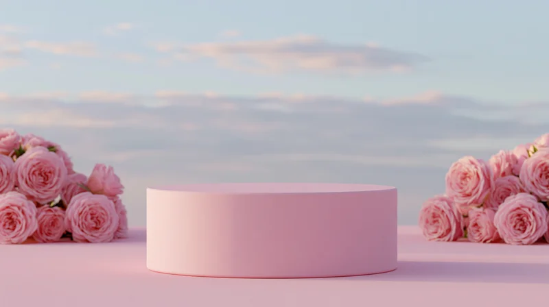 Pink cylindrical podium flanked by bouquets of roses on a soft pastel surface under a cloudy sky