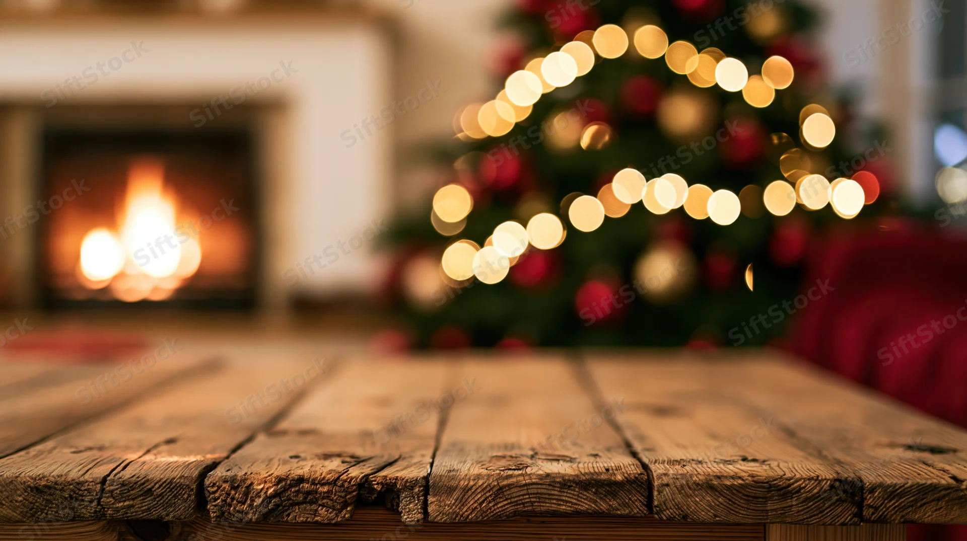 Wooden table in front of a lit fireplace and decorated christmas tree in a cozy living room