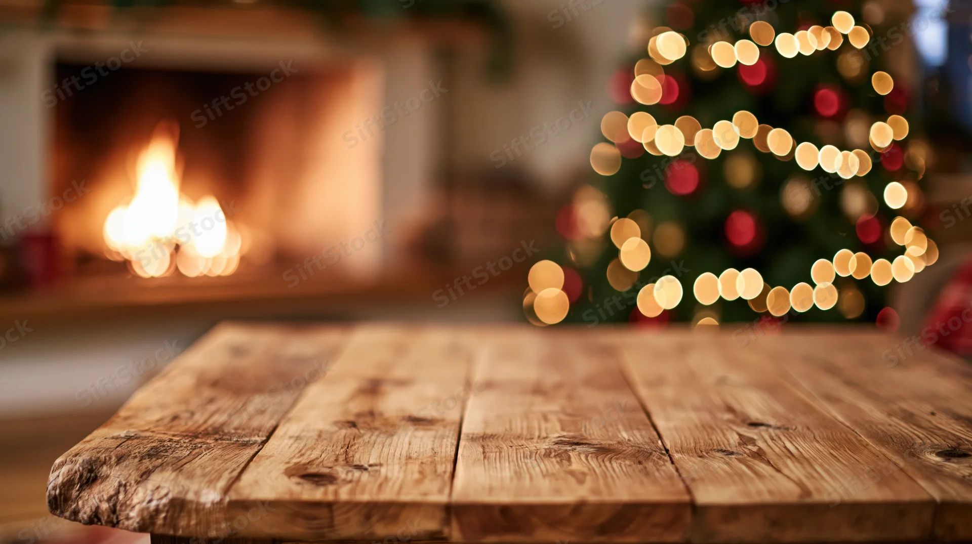 Wooden table in foreground with blurred christmas tree and fireplace in background