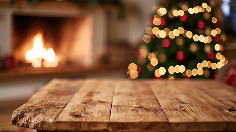 Wooden table in foreground with blurred christmas tree and fireplace in background