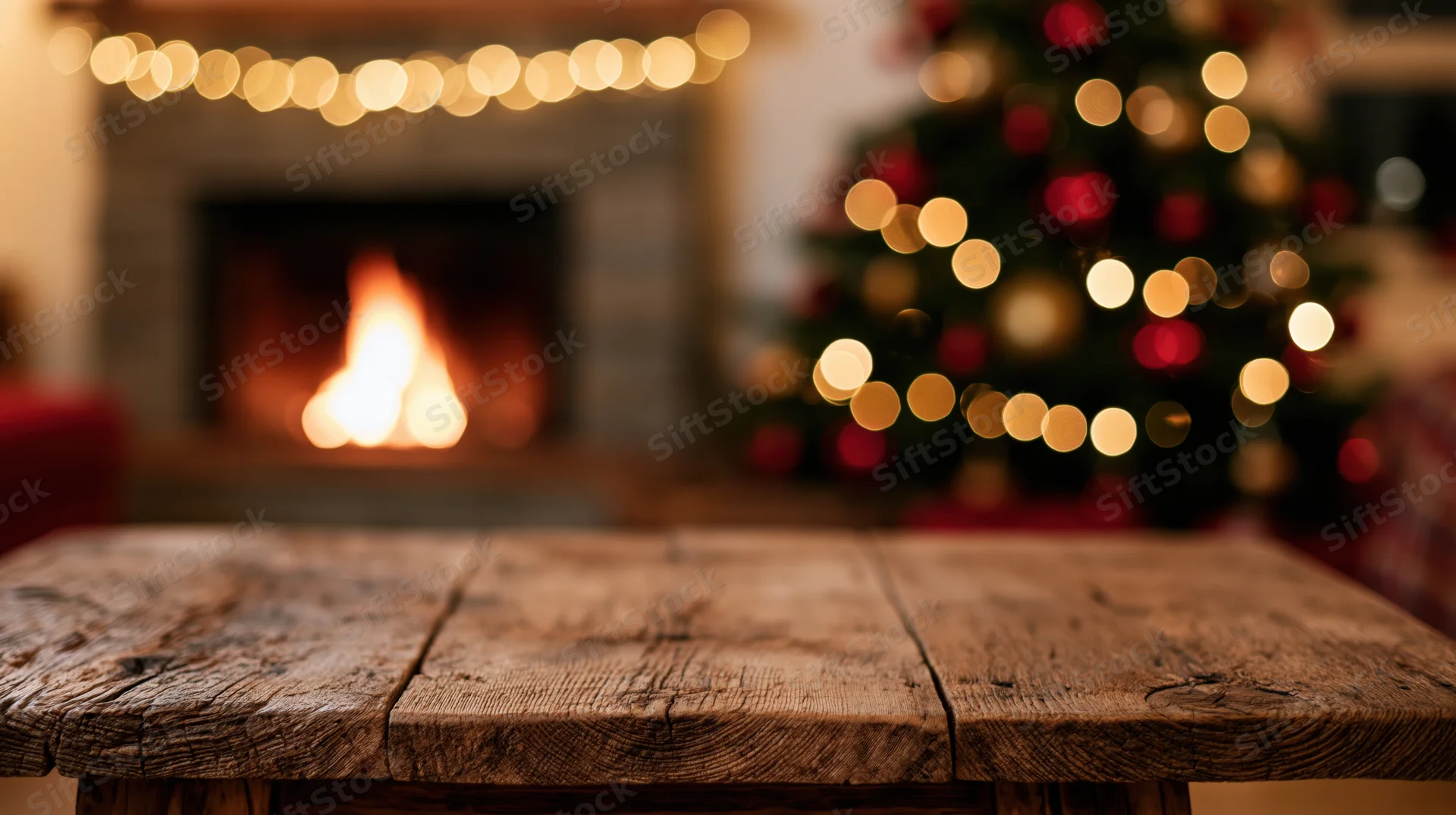 Wooden table in front of a lit fireplace and decorated christmas tree in a cozy living room interior