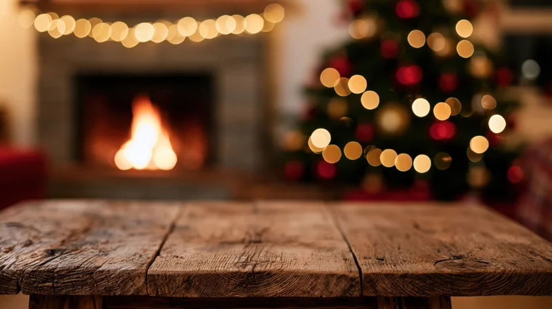 Wooden table in front of a lit fireplace and decorated christmas tree in a cozy living room interior