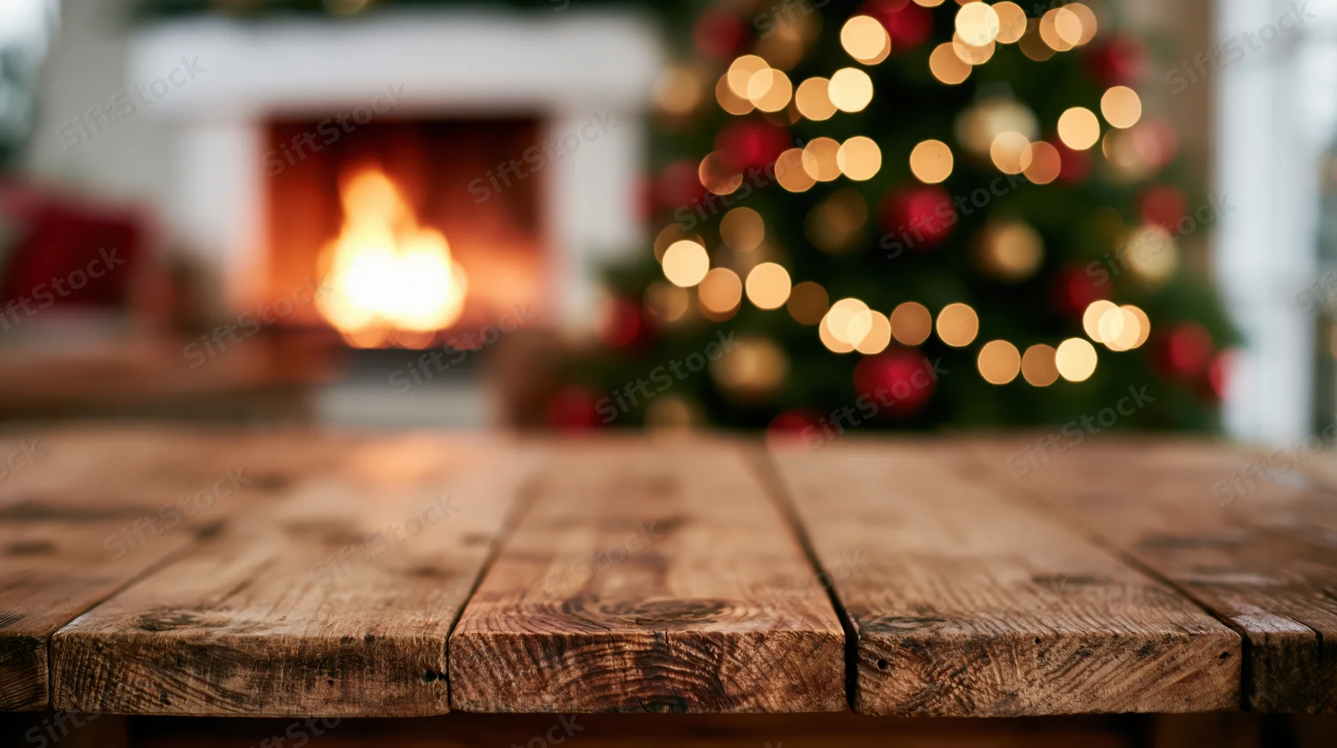 Wooden table in front of a lit christmas tree and fireplace in a cozy living room