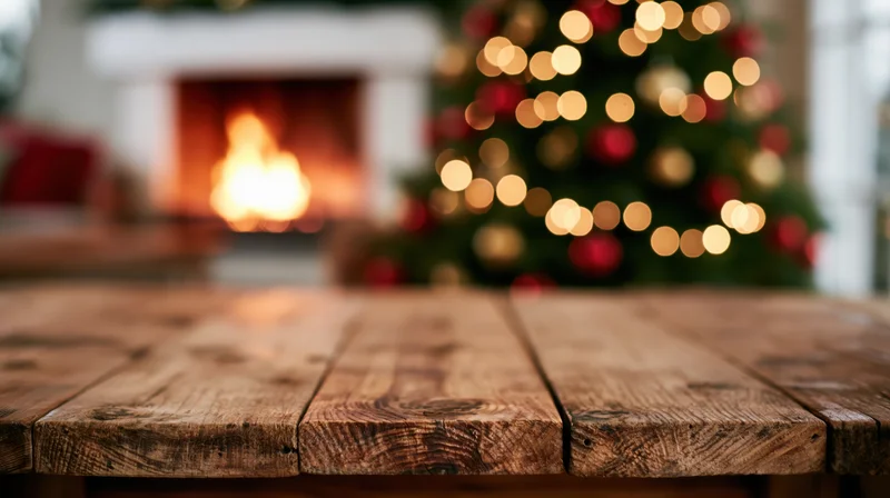Wooden table in front of a lit christmas tree and fireplace in a cozy living room