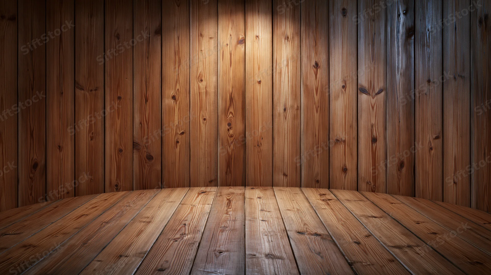 Wooden floor and wall panels forming an empty interior space with warm lighting and copyspace