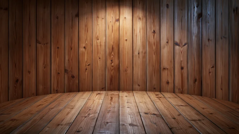 Wooden floor and wall panels forming an empty interior space with warm lighting and copyspace