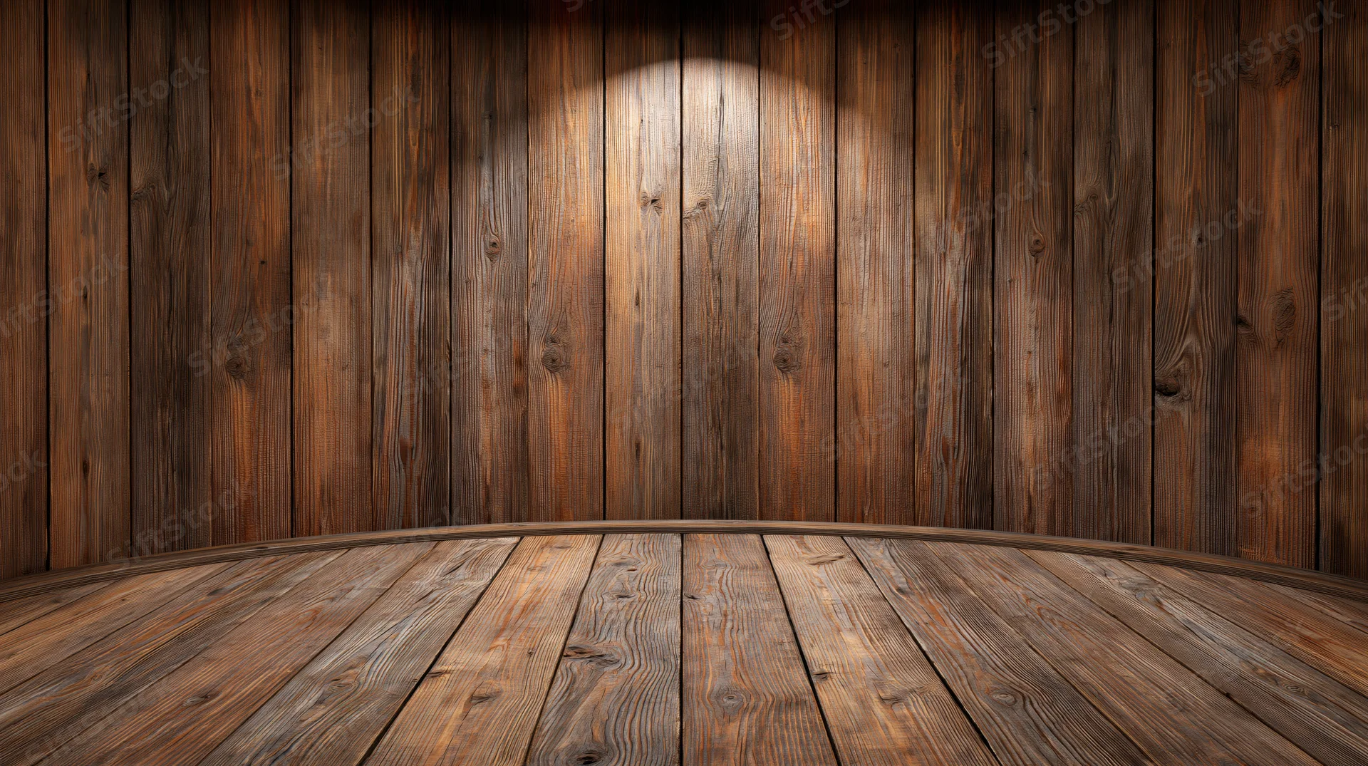 Curved wooden floor and wall with spotlight in empty interior space