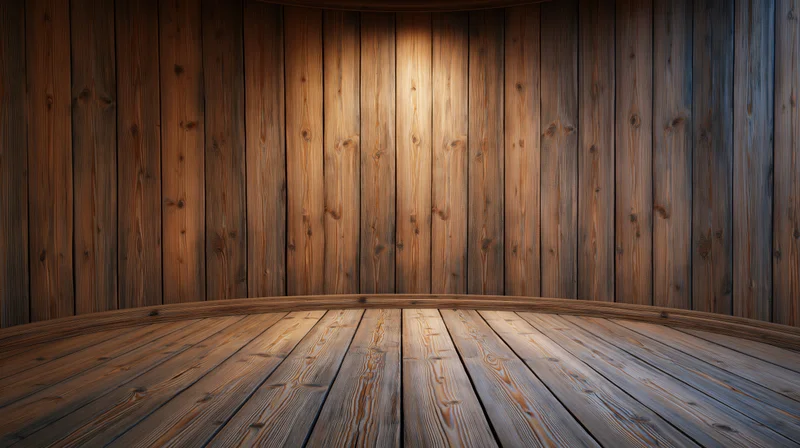 Wooden floor and wall paneling forming a curved interior space with warm lighting and copyspace